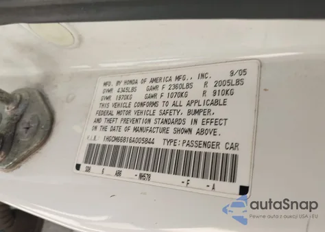 2006 Honda Accord 3.0 Ex z USA, uszkodzony, nr VIN 1HGCM66816A005844